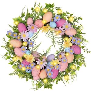 Pastel Easter Wreath for Front Door with Lights, 18 Inch Spring Floral Wreath with Colorful Eggs, Daisy & Eucalyptus Greenery, Farmhouse Easter Door Decor
