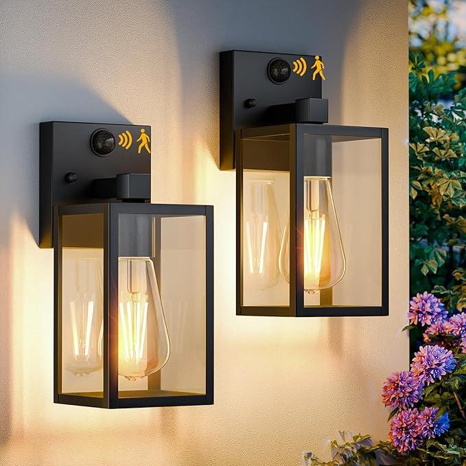MAGGIFT 2 Pack Motion Sensor Outdoor Wall Lanterns, Outdoor Wall Light Fixtures, Dusk to Dawn Sconce, E26 Base Waterproof Exterior Sconces Decor for Patio Yard Front Door Entryway, Black