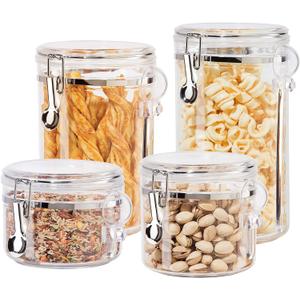 Oggi 4pc Clear Canister Set with Clamp Lids & Spoons - Airtight Food Storage Containers, Ideal for Kitchen & Pantry Storage of Bulk, Dry Food Including Flour, Sugar, Coffee, Rice, Tea, Spices & Herbs