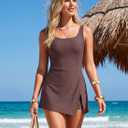 Aleumdr One Piece Swimdress Swimsuit for Women Tummy Control Split Swim Dress Skirt Bathing Suit with Pockets (Brown, M)