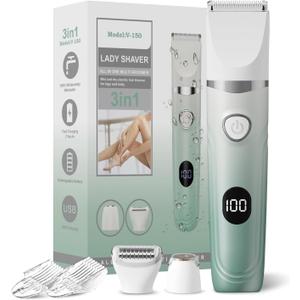 Bikini Trimmer for Women, 3-in-1 Electric Razors for Women, Waterproof Bikini Shaver Replaceable Facial, Body Trimmer for Pubic Hair, Painless Razor for Hair Trimmer, Mint Green