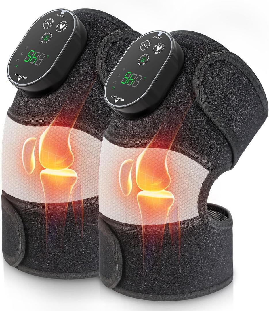 Electric 3-in-1 Cordless Heated Massager with Heat for Knee Elbow Shoulder Wrap with 3 Vibration & Heating Modes (2 Pack)