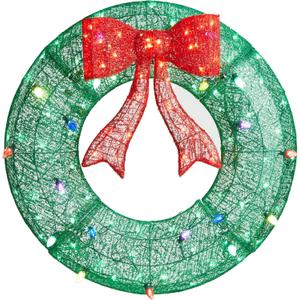 Glitzhome Lighted Christmas 3D Mesh Wreath Decor 35.5" H Holiday Outdoor Decoration with Colorful Bulbs and 130 LED Lights
