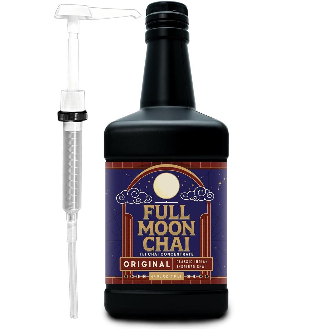 Maya Tea Full Moon Original Chai Concentrate, 64 fl oz Bottle with Pump | Indian-inspired spices, 11:1 ratio, black tea, organic cane sugar, shelf-stable, up to 64 servings, hot, iced or blended