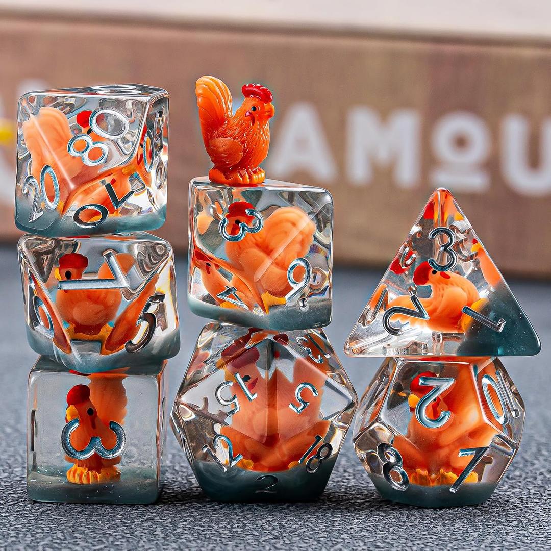 DND Resin Chick Dice Set, D&D Polyhedral Dice for Dungeons and Dragons RPG, MTG Role Playing Games D and D Dice 7pc D20 D12 D10 D8 D6 D4 for Ages 15 and Up