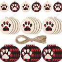 Maitys 30 Pcs Christmas Wooden Dog Paw Ornaments Buffalo Plaid Paw Print Xmas Tree Hanging Tag Cat Claw Xmas Hanging Ornaments with Ropes for Holiday Christmas Tree Decor