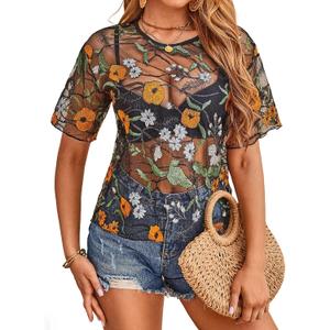 MakeMeChic Women's Plus Size Concert Outfits Fall Mesh Tops Sparkly Shirts | Rhinestone Top, See Through, Concert Outfits Women, Fall Clothes, Going Out Tops (Black, S)