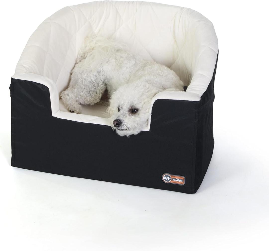 K&H Pet Products Bucket Booster Dog Car Seat, Seat Belt Secured, 2 Safety Leashes, Washable Covers, Sturdy Dog or Cat Booster Seats for Small to Medium Pets - Large Black/Cream