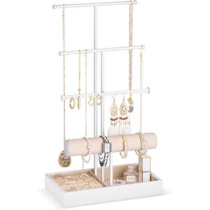 Lolalet Jewelry Holder Tree with Velvet Tray, 4 Tiers Necklace Display Stand Rack with Ring Slots Organizer for Earrings Bracelets Bangles Ring -White