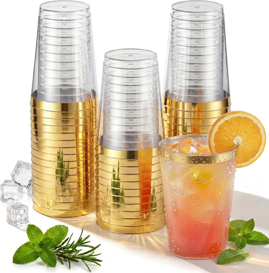 Nervure 120PCS Gold Rim Plastic Cups - 12oz Heavy Duty Plastic Cups - Fancy Clear Disposable Cup with Gold Rimmed for Wedding, Birthday, Party