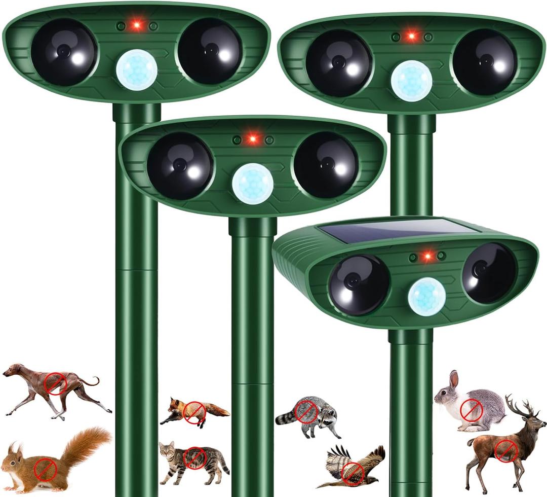 4 Pack 2026 Solar Ultrasonic Animal Repellent Cat Rabbit Deterrent Racoon Deer Repellent Devices with Motion Detection for Squirrel Dog Rodent Waterproof Skunk Repellent for Yard