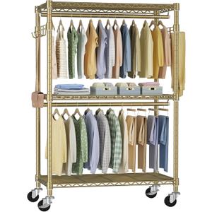FUTASSI P1 Rolling Clothes Rack, Movable Metal Garment Closet Organizer with Lockable Wheels, Clothing Wardrobe with Double Hanger Rods and Hooks, 35.4" W x 15.7" D x 80.5" H, Load 450lbs, Gold