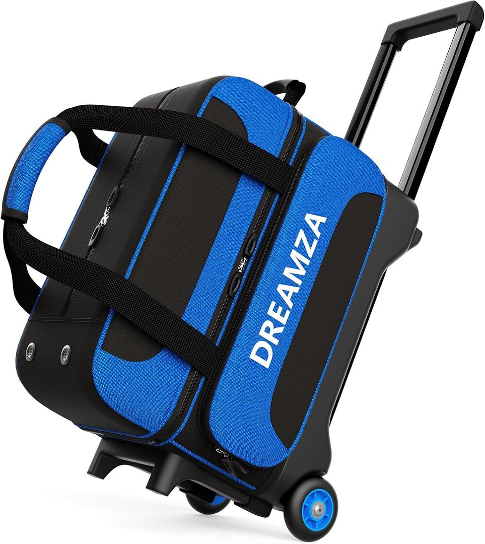 2 Ball Bowling Bag with Wheels, Double Bowling Ball Bag 2 Ball Roller w/Separate Compartment for Shoes Up to US Mens Size 16, w/Retractable Handle Extends to 40" & Accessories Pocket