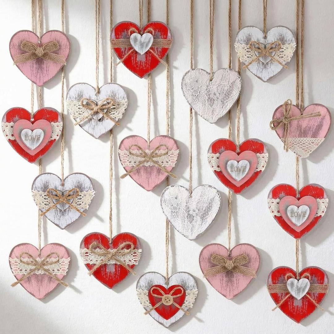 Kathfly 24 Pcs Vintage Valentines Wooden Heart Ornaments Rustic Valentine's Day Tree Hanging Decorations Retro Wood Heart Decor with Lace Bows for Farmhouse Home Office Wedding(Classic)