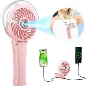HandFan 4000mAh Misting Fan with Portable Charger, 50ml Water Tank, Rechargeable Handheld Personal Mister Fan, Spray Water Mist Fan, Foldable Electric Hand Fan for Beach, Travel, Outdoors(Pink)