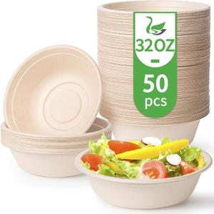 Disposable Paper Bowls, 32 Oz [50 Pack] Large Bowl-100% Compostable, Biodegradable, Eco-friendly - Convenient for Daily Use for Salad, Hot Soup, and Pasta