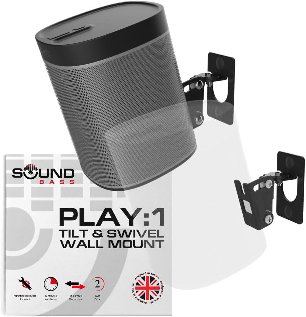 Sound Bass Play 1 Wall Mount, Black, Pair, Compatible with Sonos Play:1 Only, Twin Pack, Adjustable Swivel & Tilt Mechanism, 2 Mounting Brackets Includes All Fixings