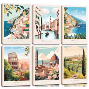 JYHARTJX 6Pcs Europe Italy Canvas Wall Art Vintage Travel Cities Posters Trendy Modern Colorful Landscape Painting Pictures Amalfi Coast Positano Florence Wall Decor Venice Rome Aesthetic Prints