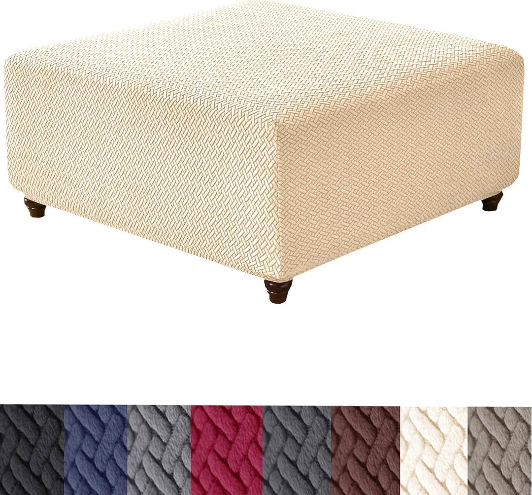 HFCNMY Ottoman Cover Square,Stretch Knitted Jacquard Ottoman Cover Thick Ottoman Slipcover Square Washable Storage Foot Stool Cover with Elastic Bottom Beige X-Large