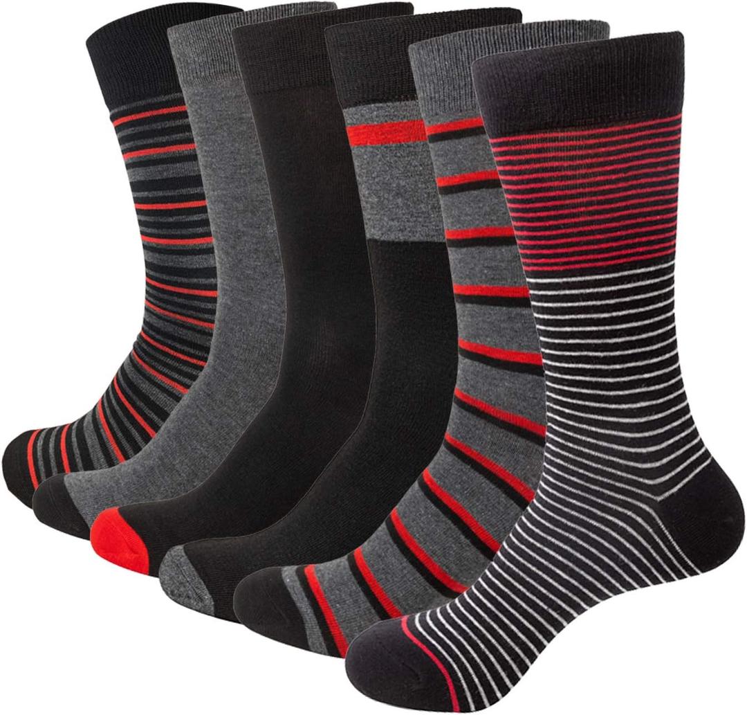 Men's Red Striped Dress Socks Gift Boxed 6 Pack Novelty Soft Shoe, Size 6-12.5