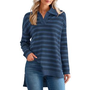 MASCOMODA Womens Sweaters Fall 2025 Oversized Striped Sweater Long Sleeve Polo V Neck Loose Side Slit Knitted Tunic Tops (Blue, XL)