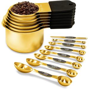 Magnetic Measuring Cups and Spoons Set, Including 7 Stainless Steel Nesting Gold Measuring Cups & 8 Magnetic Gold Measuring Spoons with 1 Leveler for Cooking & Baking