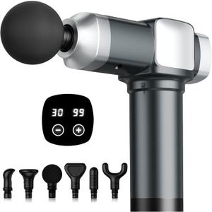 Massage Gun for Deep Tissue Pain Relief, Electric Handheld Percussion Muscle Massager for Back, Neck and Shoulders, 30 Speeds 6 Heads, Portable Massager Gift for Men Women and Athletes, Gray