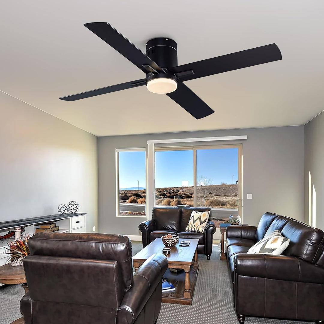 52 Inch Flush Mount Low Profile Ceiling Fan with Light and Remote Control, Reversible 4 Dual Finish Wood Blades, Indoor/Outdoor Ceiling Fan for Patio, Living Room, Bedroom