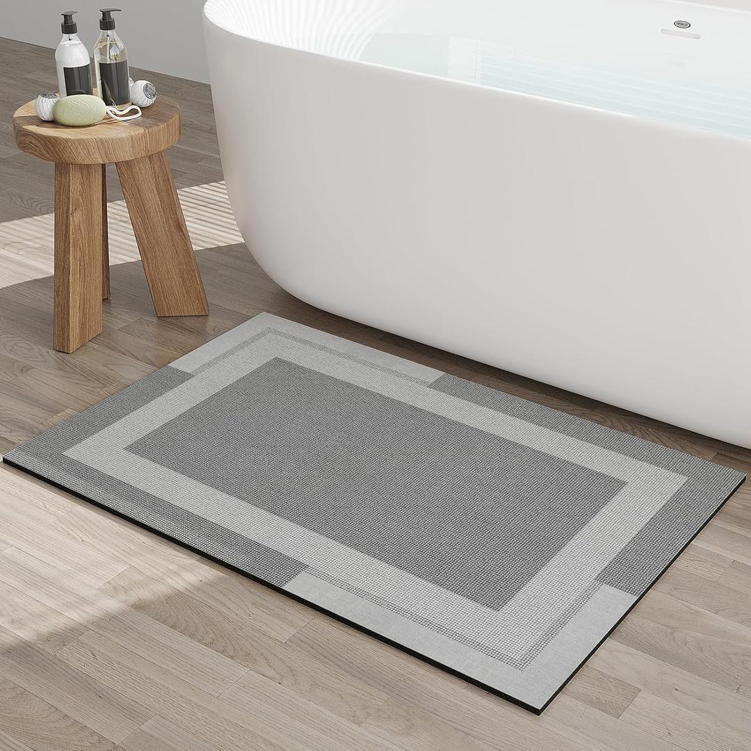 Non Slip Bath Mat, Rubber Backing Ultra Thin Bathroom Rugs Fit Under Door Quick Dry Super Absorbent Washable Bath Rug Shower Mat for Bathroom Floor Bathtub Shower Sink, Easy Care Gray 20"x 32"
