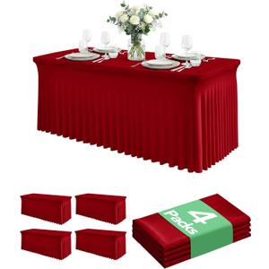 4 Pack Spandex Table Cover Skirts for 6ft Rectangle Tables, Red Stretch Table Cloths with Floor-Length Ruffle, Elastic Fitted Skirted Tablecloth for Elegant Wedding Banquet Party Buffet Decoration