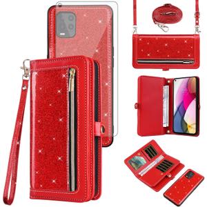 Asuwish Phone Case for Moto G Stylus 5G 2021 Zipper Wallet Cell Cover with Tempered Glass Screen Protector Strap Bling Glitter Flip Card Holder Slot Motorola GStylus G5 XT2131DL Women Men Girls Red