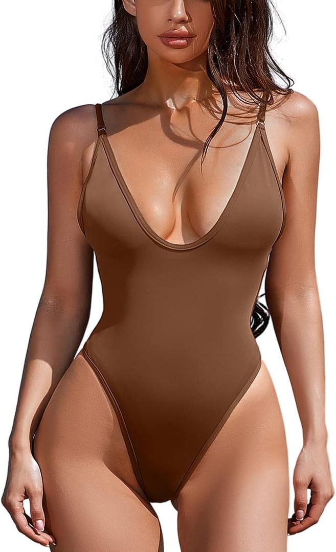 ESONLAR One Piece Swimsuits for Women Sleeveless Low Back Swimwear V Neck Bathing Suits Brown M