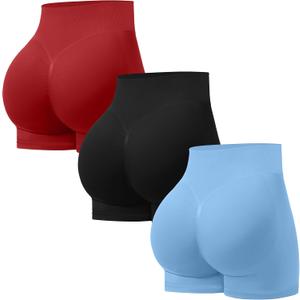 OVESPORT 3 Pack Seamless Women Workout Shorts Scrunch Butt Lifting Gym Booty Biker Shorts (Medium, Red/Black/Baby Blue)