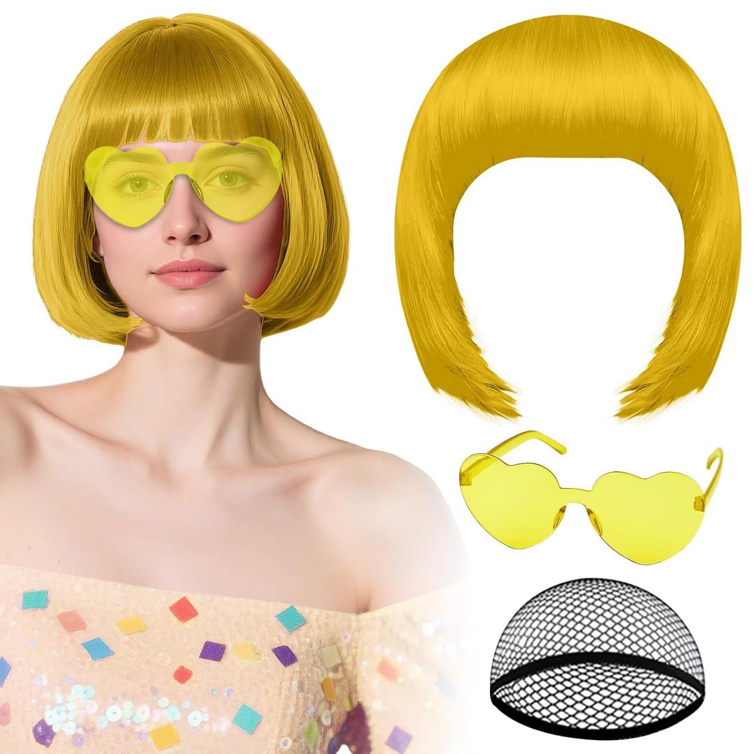 PLULON Gold Bob Wig with Heart Sunglasses and Hair Cap for Women, Short Bob Wigs Synthetic Colored Funny Cosplay Hairpieces for Women Men Neon Bachelorette Halloween Costume Party Decorations