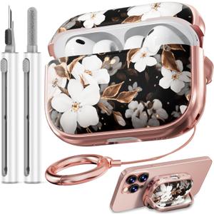 Inesore for AirPods Pro 3 Case 2025 with Lock, for Women Girly Floral Cute Case Compatible with Apple Airpods Pro 3rd Generation Cover, with Phone Stand,Keychain & Cleaner Kit -Black Gold Flower