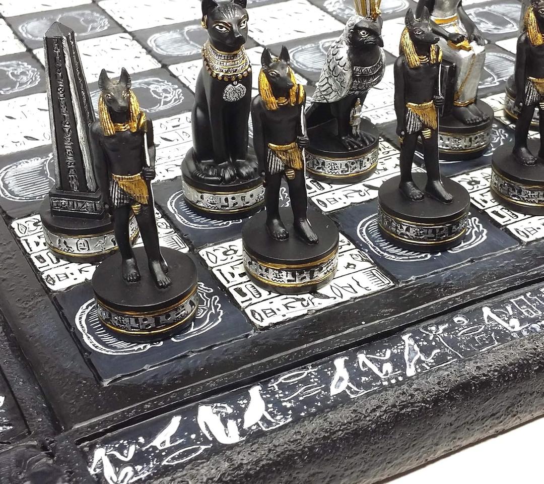 Egyptian Anubis Chess Set Black Silver and Gold Men with 16" Hieroglyphic Board