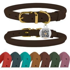 BronzeDog Rolled Leather Dog Collar with QR ID Tag, Adjustable Soft Round Collars for Small Medium Large Dogs Puppy (14" - 16" Neck Size, Brown)