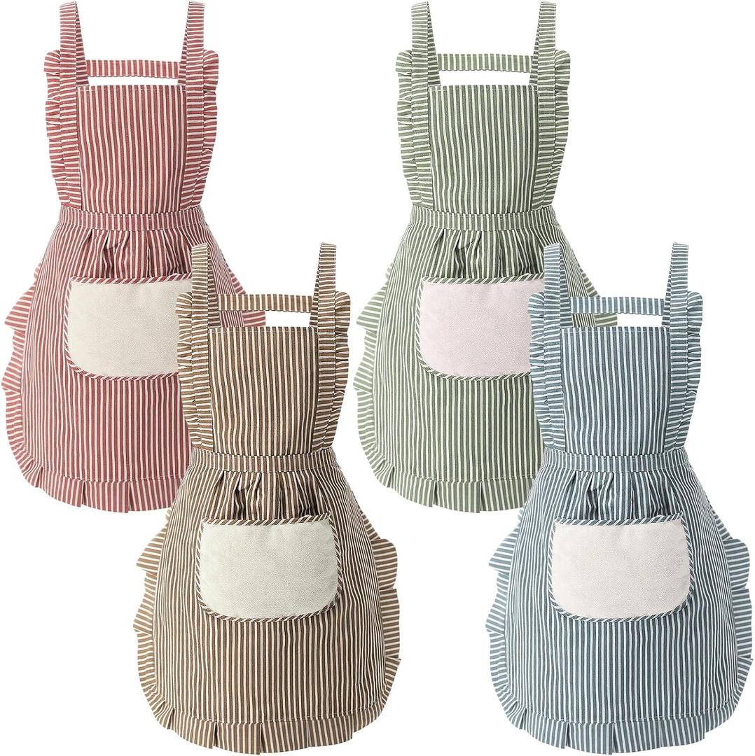 Cotwinter 4 Pack Cooking Aprons for Women with Pockets Adjustable Soft Kitchen Apron Cute Chef Apron for Baking Gardening (Coffee, Blue, Pink, Green)