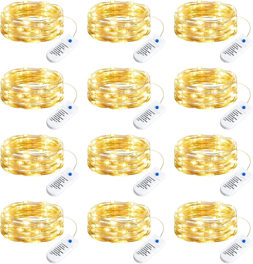 Minetom 12 Pack Fairy Lights Battery Operated String Lights, 8 Modes & Timer, 7ft 20LED Waterproof Silver Wire Twinkle Lights, Firefly Starry Moon Lights for Mason Jars DIY Christmas Wedding Party (Warm White)