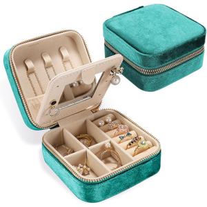 Plush Velvet Travel Jewelry Box for Women & Girls - Small Portable Organizer, Storage Case for Rings, Earrings, Necklaces & Bracelets  Ideal Gift for Travel & Occasions (Green)