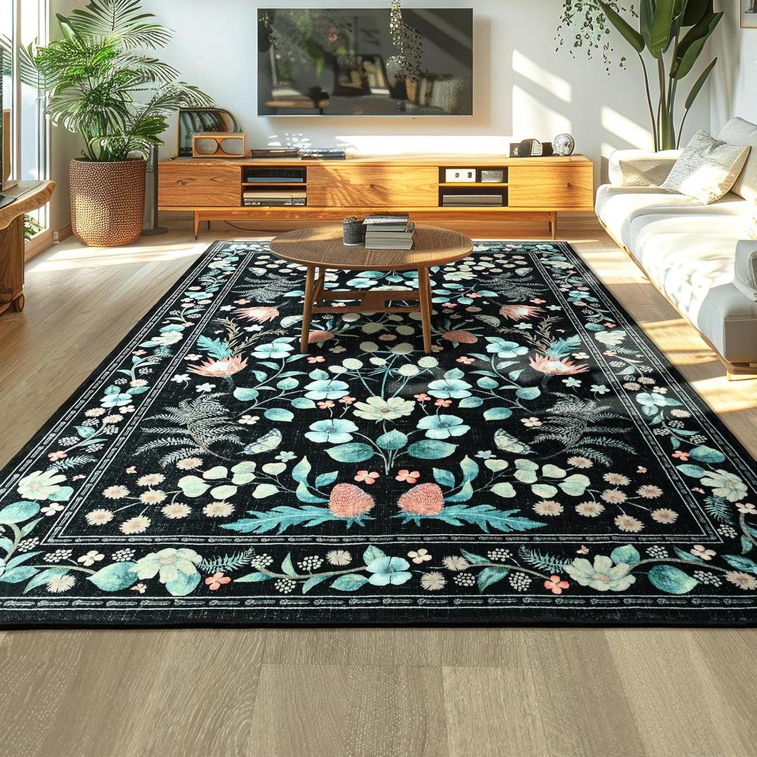 Area Rugs for Living Room, Non-Slip 4x6 Vintage Rug for Bedroom,Washable Floral Carpet for Entryway Office Kitchen Dining Room, Black