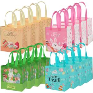 YANGTE Easter Gift Bags Bulk 16 Pack Reusable Party Bags with Handles, Colorful Egg Hunt Baskets for Kids, Bunny Treat Bag, Durable Easter Favor Basket for Candy & Gifts