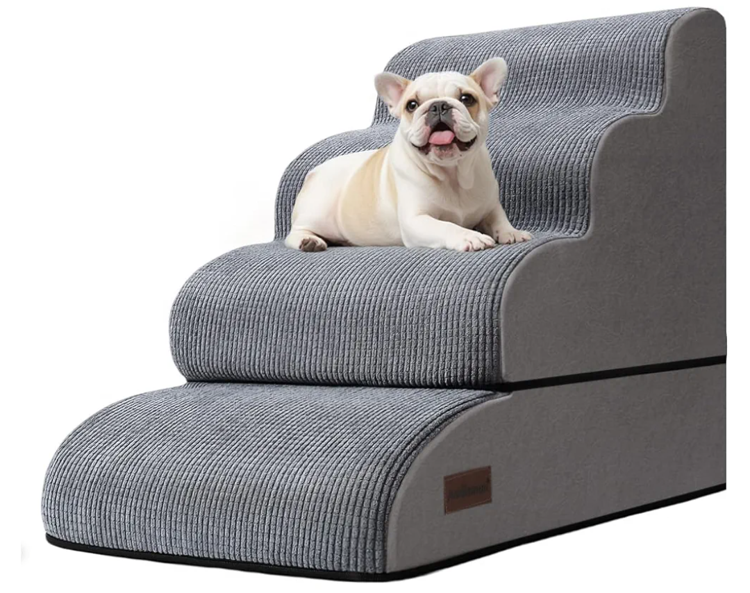 4-Step Dog Stairs and Ramp for Beds or Couches – Non-Slip Sturdy Pet Steps for Small Dogs and Cats,21" H,Grey