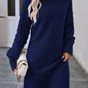 Sovoyontee Women's 2025 Fall Long Sleeve Mock Neck Sweater Dress Casual Loose Ribbed Knit Mini Short Pullover Dresses (Blue, L)