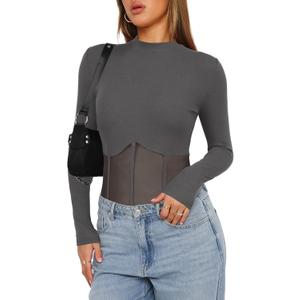 Darong Women Long Sleeve Bodysuit Crew Neck Mesh Sheer Panels Bodysuits Shirt Tops M