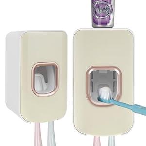 2 Slot Toothbrush Holder and Toothpaste Dispenser Wall Mounted, Automatic Toothpaste Squeezer, 2 in 1 Tooth Brush Toothpaste Organizer for Shower (Ivory Yellow)