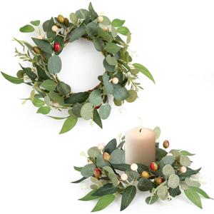 2 Pcs 4 Inch Mini Eucalyptus Wreaths for Candles, Spring Candle Rings with Olive Leaves Berries Candle Garland Pillar 3.94 Inch Small Wreath Decor for Centerpiece Cabinet Table
