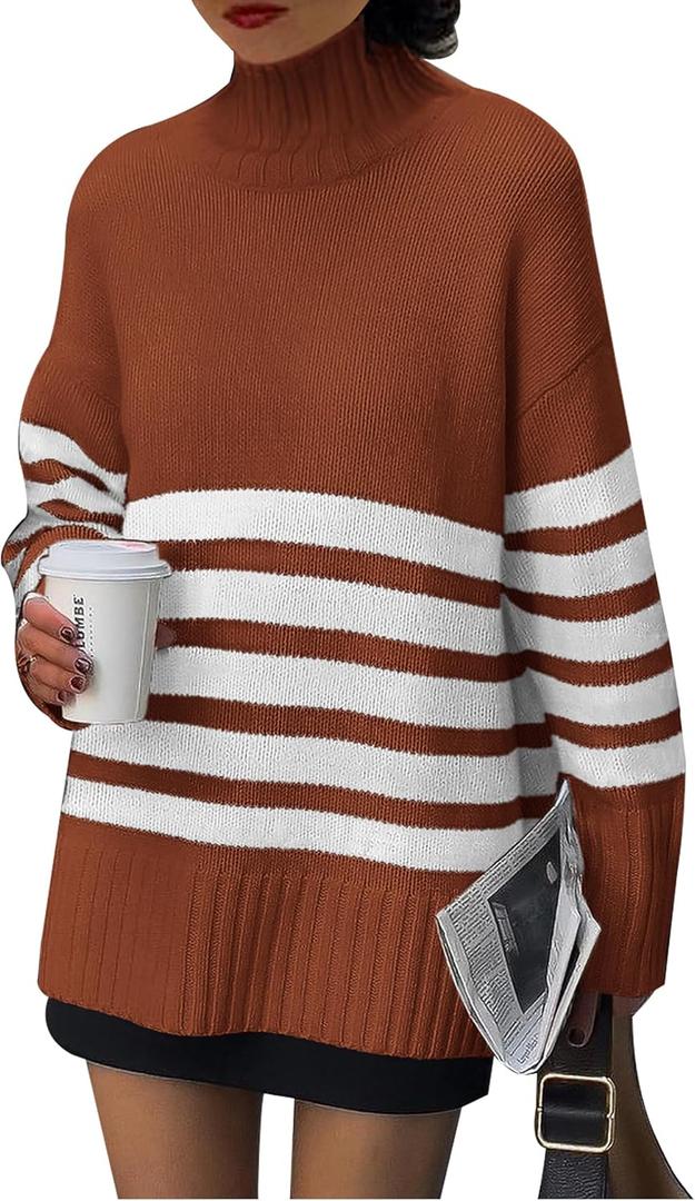 PRETTYGARDEN Women Oversized Striped Turtleneck Sweater 2025 Fall Fashion Long Sleeve Pullover Winter Chunky Knit Jumper Tops (Brown)