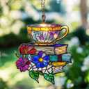 Books Teacup Handmade Artisan Resin Sun Catcher for Bookworm, Stained Glass Effect Window Hanging Ornament Garden Decor, Gifts for Readers, Valentines Day Gift for Women Mom Wife