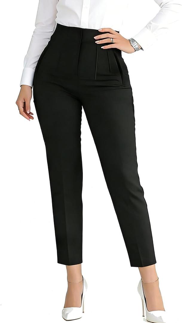 Womens Stretchy Dress Pants 2026 Trendy High Waisted Pleated Straight Leg Business Work Casual Trousers (Large, Black)